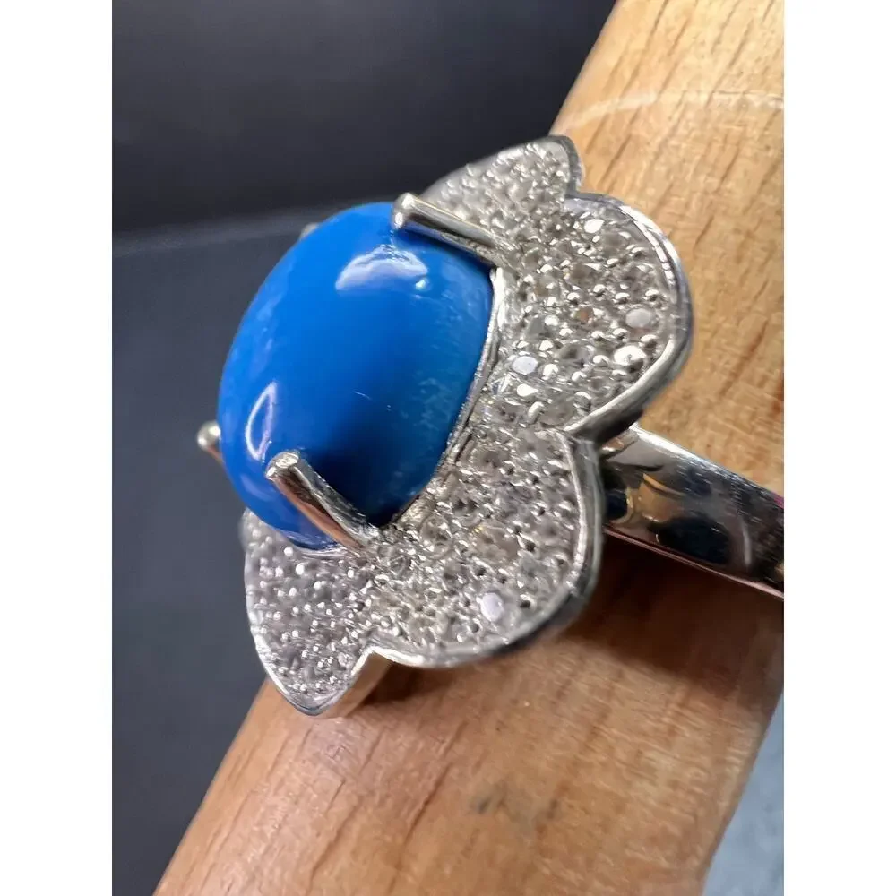 NEW Ceruleite and zircon blossom ring in rhodium over sterling silver size 8